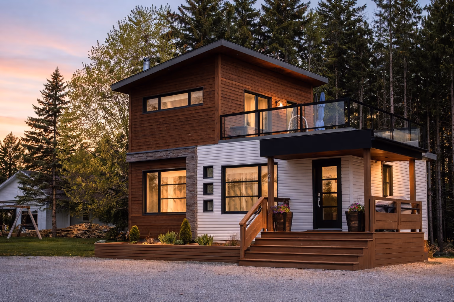 Façade moderne de la maison au crépuscule